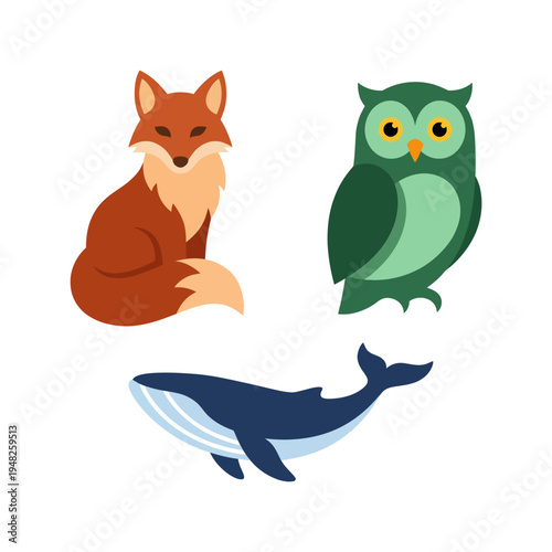 This vibrant illustration features a cute fox, an owl, and a whale, designed in a colorful, playful style that appeals to children and animal lovers alike.