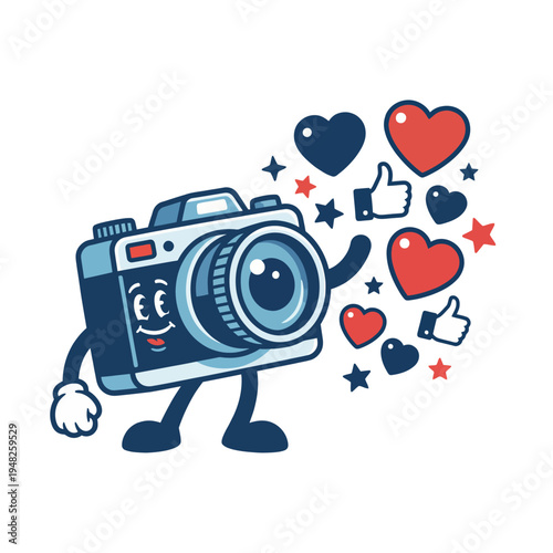 An adorable camera character animatedly sharing love and likes, illustrating the joy of photography and social connectivity in a playful and engaging way.