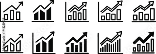 Collection of black and white graph icons with arrows indicating growth and trends