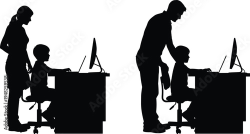 Silhouettes of adults assisting children using computers desks