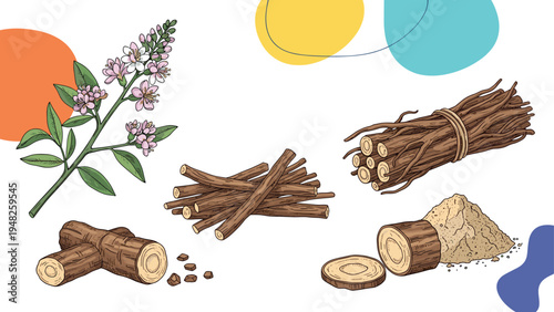 Detailed botanical illustration of licorice plant featuring purple flowers, woody root bundles, and fine powder for herbal medicine.