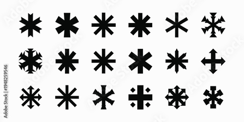 Collection of 16 unique asterisk and snowflake symbols in black on white background
