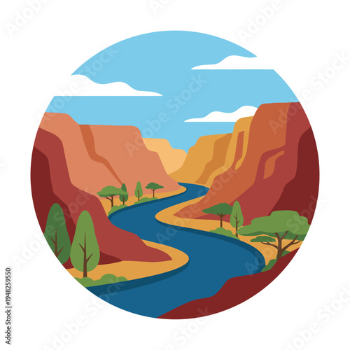 A captivating winding river courses through a vibrant canyon landscape, showcasing stunning rock formations and lush greenery in a harmonious natural setting.