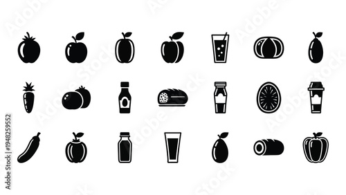 Comprehensive analysis of food and drink icons in a grid layout for user interface design and branding purposes