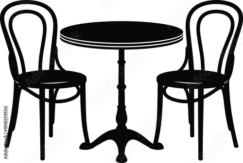 French bistro furniture, vintage cafe table, two bentwood chairs, black silhouette vector, restaurant terrace dining, antique wooden furniture design