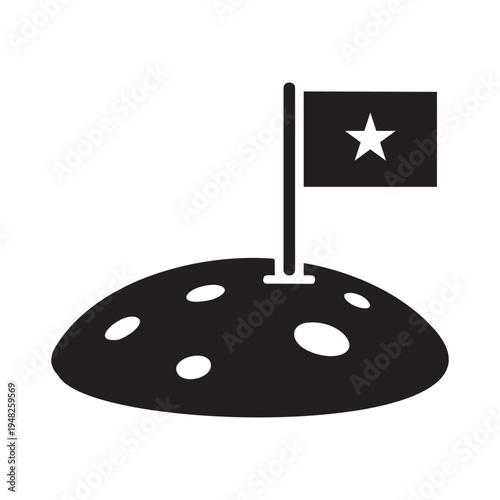 A black and white illustration depicts a flag planted on a lunar surface with craters