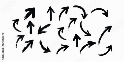 A collection of black arrows pointing in various directions on a white background
