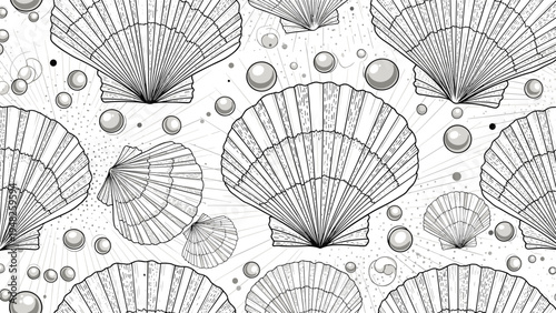 Elegant seamless pattern featuring detailed hand drawn scallop shells and scattered pearls in a sophisticated monochrome sea design.