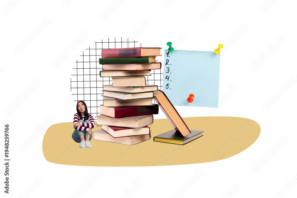 Fototapeta premium 3d banner image poster photo collage of happy girl sit book stack book reader education hobby literature knowledge sticker