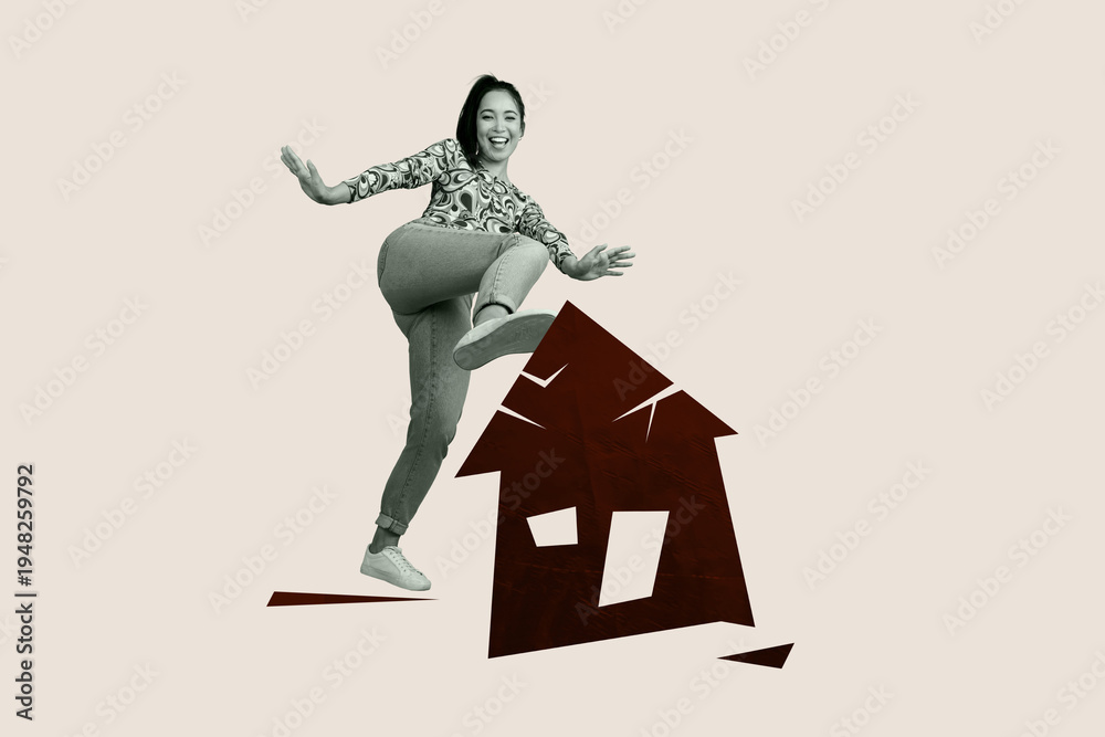 Fototapeta premium Composite sketch image design trend artwork collage of young lady leg push house roof real estate realtor mortgage residence permits