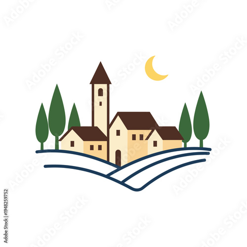 A picturesque village landscape featuring quaint houses, a church tower, and lush trees under a bright sun, illustrating the beauty of rural life and nature's tranquility.