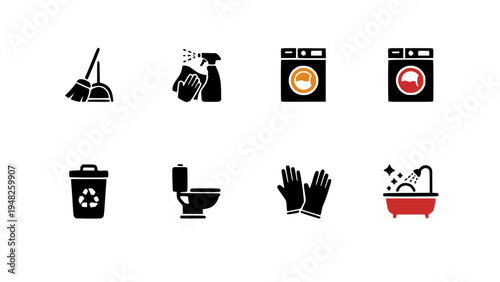 Vector icons featuring household items such as washing machine, toilet, gloves, cleaning tools, and waste bin.