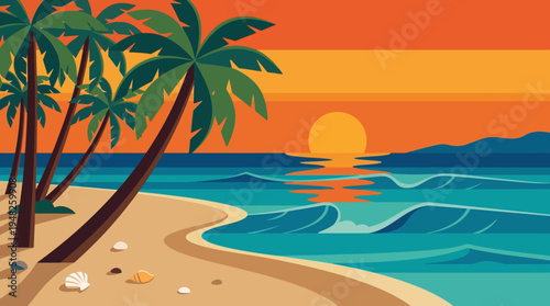 Sunset Over Tropical Beach with Palm Trees and Gentle Waves.