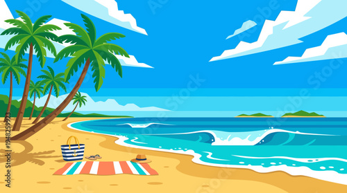 Sunny tropical beach with palm trees, colorful towel, and blue ocean under clear sky.