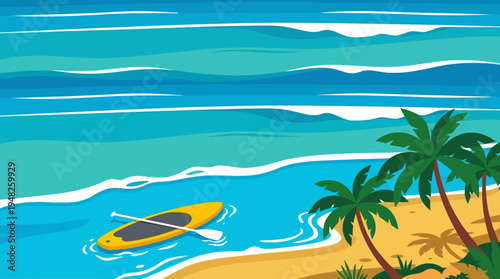 Sunny tropical beach with turquoise waters, palm trees and a small boat resting on the sand by the coast.