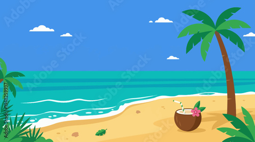 Sunny tropical beach landscape with palm trees and turquoise sea.