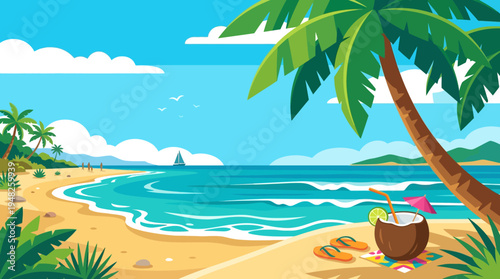 Sunny tropical beach scene with palm trees, golden sand and turquoise water.