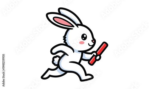 Cute rabbit running with relay baton in cartoon style
