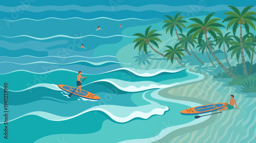 Sunny tropical beach scene with surfers riding waves and palm trees along the shore and coast.