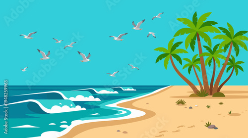 Sunny tropical beach with palm trees and turquoise sea along a sandy shoreline.