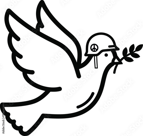 peace dove wearing military helmet with olive branch