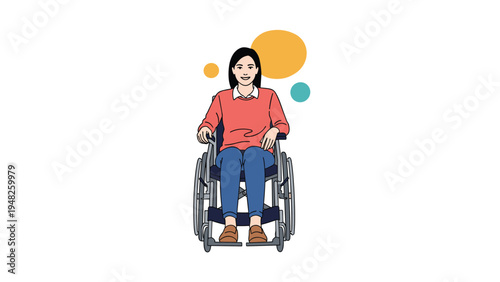 Happy young woman sitting in a modern wheelchair smiling confidently in a simple character illustration about inclusivity and hope.