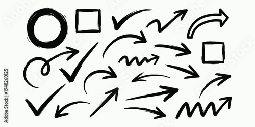 A collection of various arrows and checkmarks in black on a white background