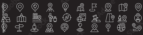 Navigation map route location pin icons set with start finish direction and destination symbols, route paths, and location markers for GPS and travel UI design in thin outline style pack