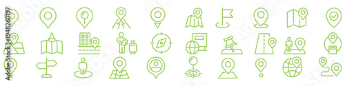 Navigation map route location pin icons set with start finish direction and destination symbols, route paths, and location markers for GPS and travel UI design in thin outline style pack