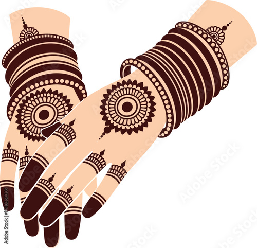 Traditional Indian Wedding Henna Mehndi Design on Female Hands with Bangles Vector