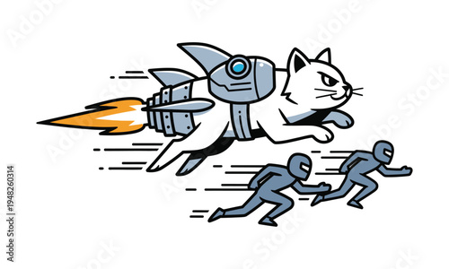Fast cat wearing rocket pack racing humans with determined expression