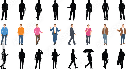 Full length men silhouettes and flat character collection standing, walking, talking and posing in casual or business clothing,