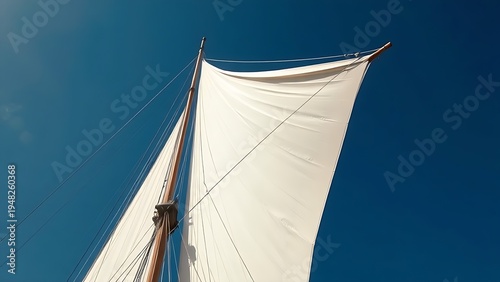 topsail. The billowed topsail of an old sailing ship against a deep blue sky. mobility guides, transit brochures, designed for transport & logistics marketing, improves user orientation.
