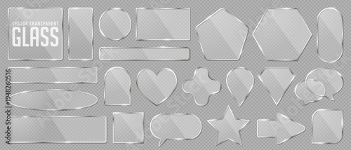 Collection of transparent geometric glass shape, 3d crystal pattern or symbol with neon glitter light. Speech bubble, heart, star, diamond, arrow and hologram icon with holographic rainbow texture.