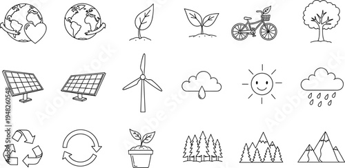 Collection of hand-drawn icons representing environmental protection and renewable energy sources