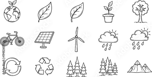Collection of hand-drawn icons representing nature, ecology, and renewable energy sources