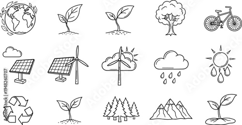 Collection of hand-drawn icons representing nature, ecology, and renewable energy sources