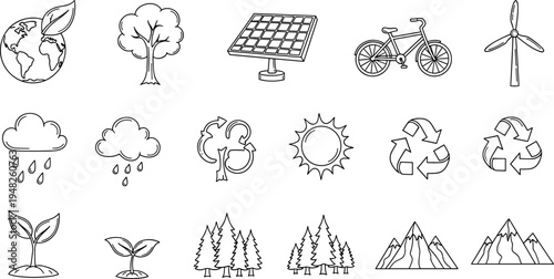 Collection of hand-drawn icons representing nature, ecology, and renewable energy sources