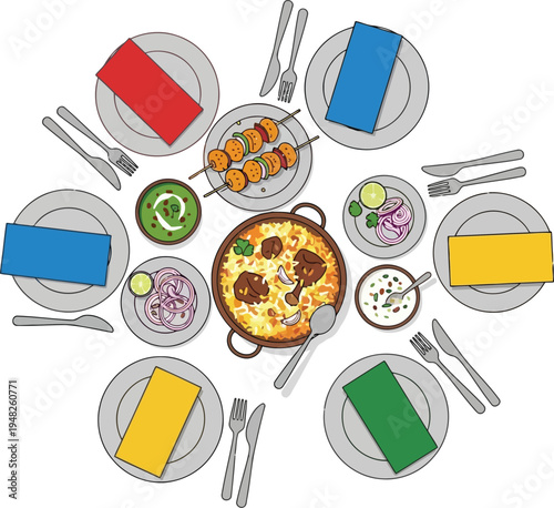 Top View of Traditional Indian Biryani Feast with Skewers and Side Dishes Vector Illustration