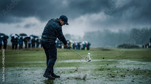 Male golfer swinging club in heavy rain splashing water dramatic moody weather tournament spectators background professional sports competition extreme conditions
