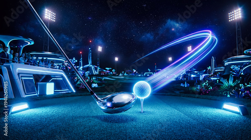 Futuristic glowing golf club hitting ball on tee with neon blue light trails stadium lighting night sports technology virtual reality gaming