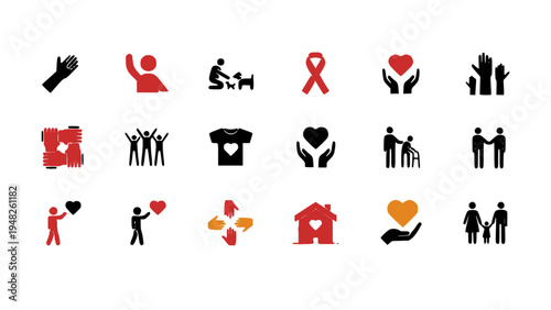 Flat icons representing social awareness, charity, health support, and community activities.