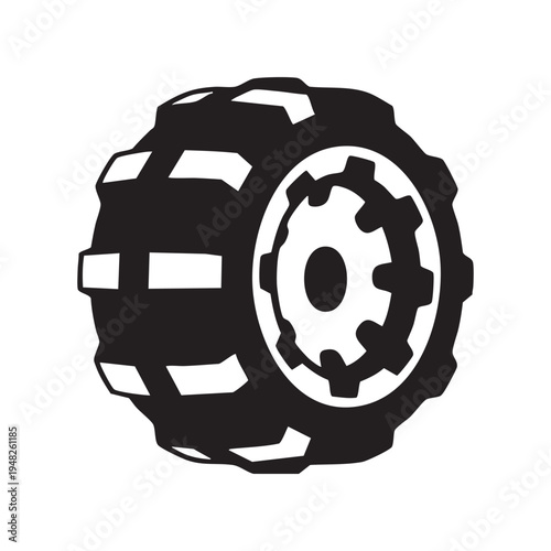 A black and white illustration depicts a large rugged tire with a prominent central hub