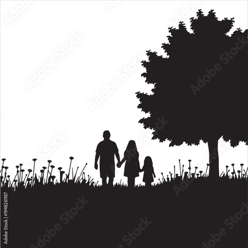 A happy family with a child and a boy walk through a summer park landscape featuring a silhouette of a couple in love under a tree against a vector sky