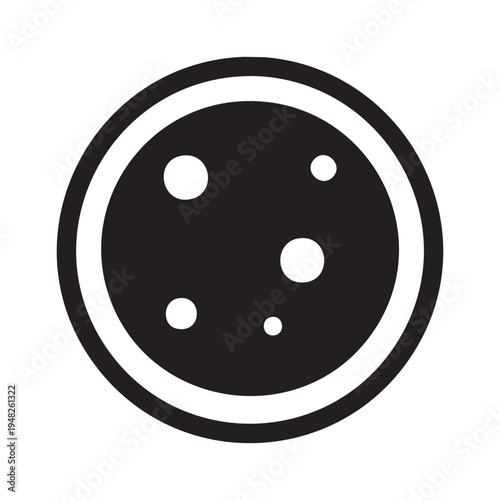 A black and white circular icon depicting a planet or celestial body with several moons
