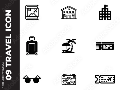A collection of black line icons depicting travel essentials like landmarks luggage and accessories high quality