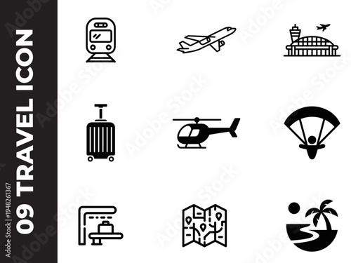 A collection of black linear icons representing various elements of travel and vacation planning high quality