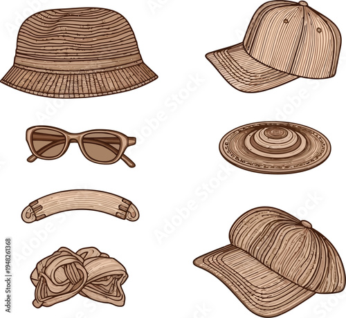 Summer Fashion Accessories Set with Hats Sunglasses and Headwear Line Art Illustration