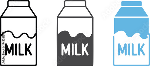 Minimalist milk carton icon set with line art, gray and blue variations showing rectangular carton with wavy milk level