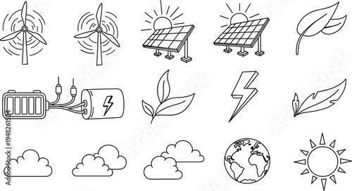 Set of clean energy icons including wind turbines, solar panels, leaves, and lightning bolts
